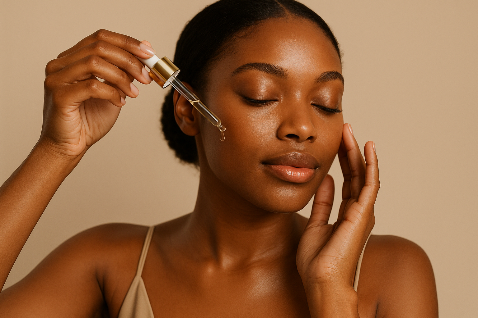 elegant lifestyle skincare campaign photo of a young black woman with glowing, natural skin, gently applying serum to her cheek. minimalist beige background, soft lighting, clean beauty, classy and luxurious