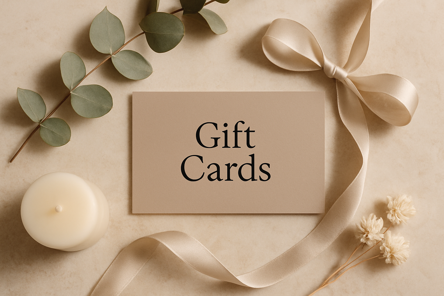 Luxury spa-inspired flat lay featuring an elegant neutral-toned gift card placed on a warm beige linen or marble background. Accented softly with natural textures — like eucalyptus sprigs, dried flowers, or a silk ribbon — in beige, cream, and taupe tones. No logos or brand names, just minimal and balanced composition. Soft natural lighting with subtle shadows for depth. Overall aesthetic: warm, modern, and timeless. Text overlay in black serif font reading ‘Gift Cards.
